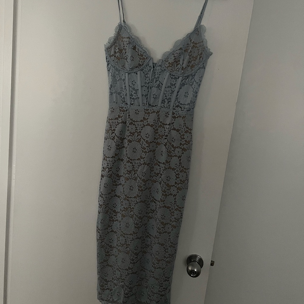 V. Chapman Dusty Blue Lace Midi Dress